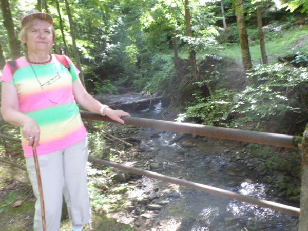 na moście drogowym nad potokiem Kniażki, urokliwym, pełnym szypotów i bystrzy, o krystalicznie czystej wodzie, meandrując wśród poszycia leśnego za zakrętem tej