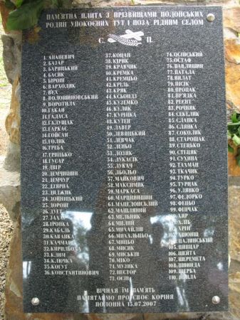 Tablica pod krzyżem na cmentarzu w Płonnej z wypisanymi nazwiskami osób żyjących tu do 1947 roku.