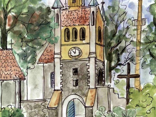 Obraz dzwonnicy namalowanej przez miejscową artystę Teresę Bańkowską-Jendras