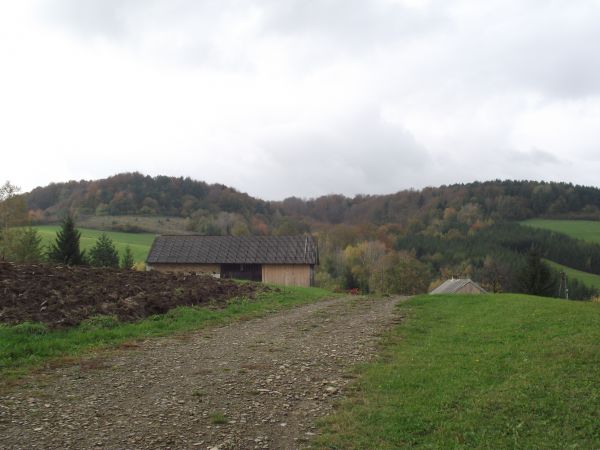 w dolinie: przysiółek wsi rozłożony a świeżo zorana gleba a i dym z komina świadczą, że życie tu płynie - może jeno wolniej trochę, w innym rytmie i pewnie "na