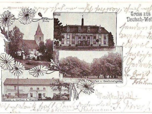 Widokówka - Kościół, pałac z ogrodem pałacowym oraz browarem i zajazdem Wagnera.