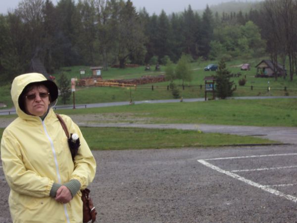 na parkingu na Przełęczy Wyżnej - za drogą: sztaple drewna i za nimi pomnik poety, który ukochał - też w twórczości - Bieszczady, Jerzego Harasymowicza. Pomnik