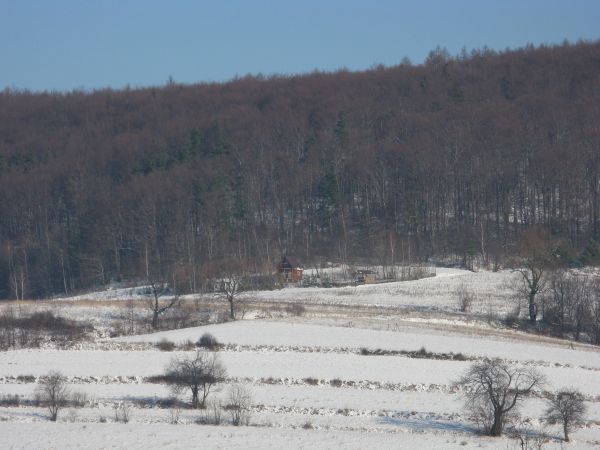 z Przełeczy Nowiny - polna droga przez Las Końszczański, obok góry Głęboka - 526,4m npm - do Mrzygłodu. Na górze, po prawej betonowy trianguł. Schodząc z góry G