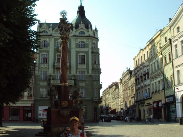 w rynku kamienice o fasadach renesansowych i barokowych, tu przed cokołem na którym przedstawiony Wizerunek Świętej Trójcy.