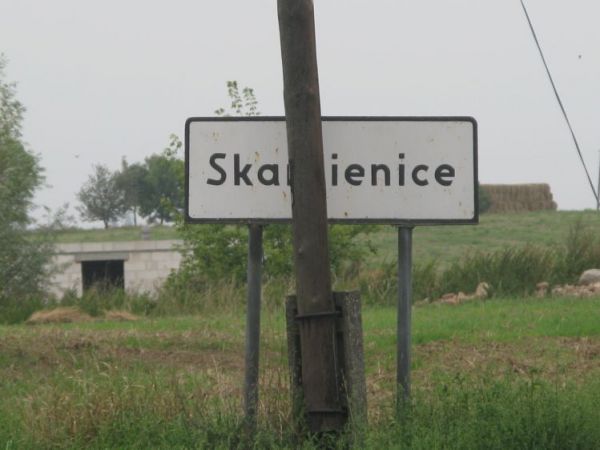 Tablica z nazwą miejscowości: SKARBIENICE. 500m. dalej znajduje się polski lekki schron bojowy nr 8. Armii "Poznań" z 1939r. Bez wylanego stropu. SKARBIENICE k.