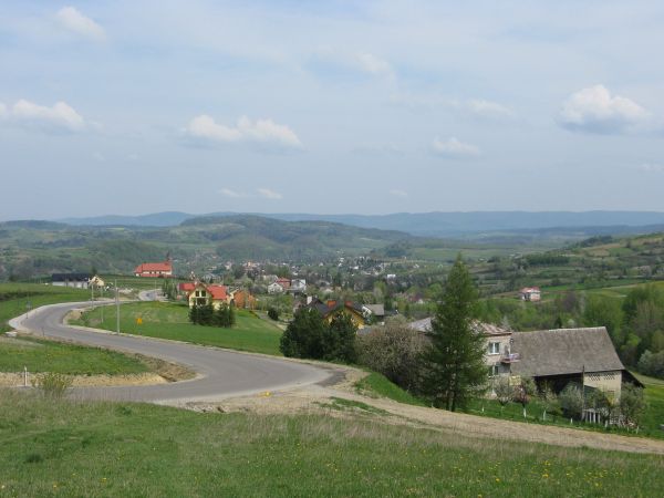 Droga - serpentyny "spływają" z tarasu / miejsca zwanego "Pod Uboczem" do wsi - zaś w górę przez Brzozowiec a za lasem wieś Kulaszne - przed zjazdem serpentynam