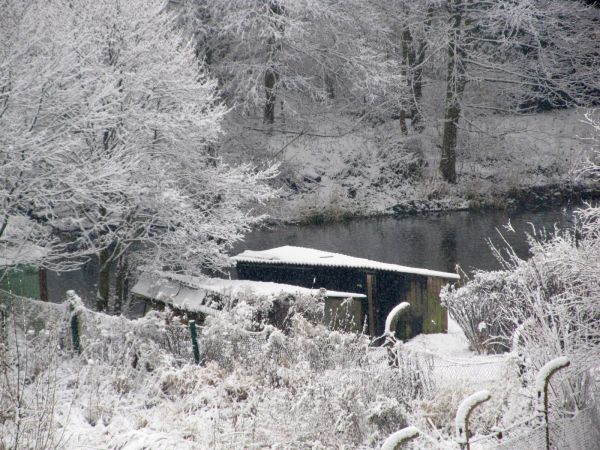 Zimowa sceneria terenu przy ulicy Mickiewicza, nad rzeką Wdą, oraz przy budynku Urzędu Miejskiego.