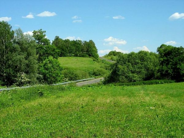 Widok na zrujnowany cmentarz. Zdjęcie zrobione od strony cerkwi