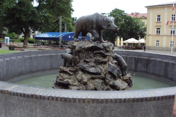 pomnik opasany fontanną - niedźwiedzica z młodymi, piastun - tak jest nazywane młode z ostatniego połogu, symbol miasta - "z przysługującą ochroną wizerunku".