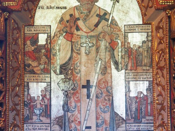 ikona przedstawia Apostoła św. Mikołaja , tu w cerkwi w Rychwałdzie - obecnie Owczary,  czczony przez wyznawców obu obrządków tj. religii prawosławnej i grecko-