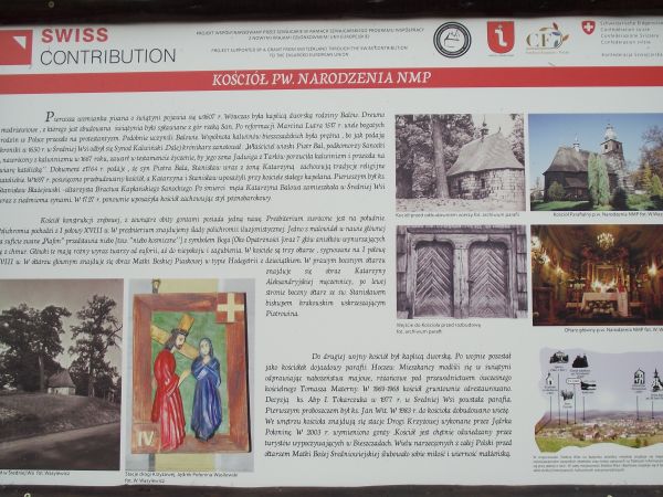 przy kościele : plansza - zapraszam do lektury a jakość przekazu ? - wiedza się liczy... - w innych materiałach historycznych / przewodnickich pisze się, że jes