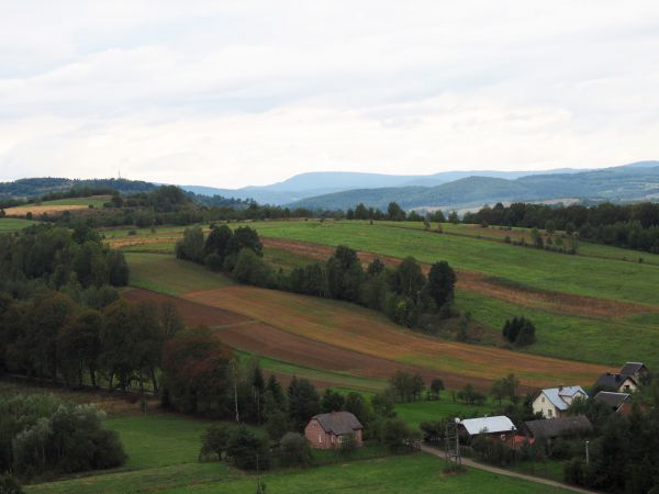 ze wzgórza klasztornego - Marymontu - widok na fragment zalesionego pasma  Beskidu Leskiego, części Gór Sanocko-Turczańskich, tam na prawym brzegu Sanu : Łukawi