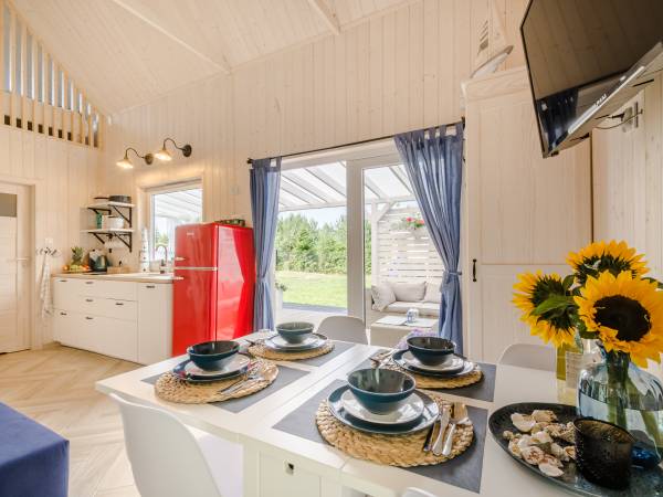 salon z aneksem kuchennym w domku 8 osobowym