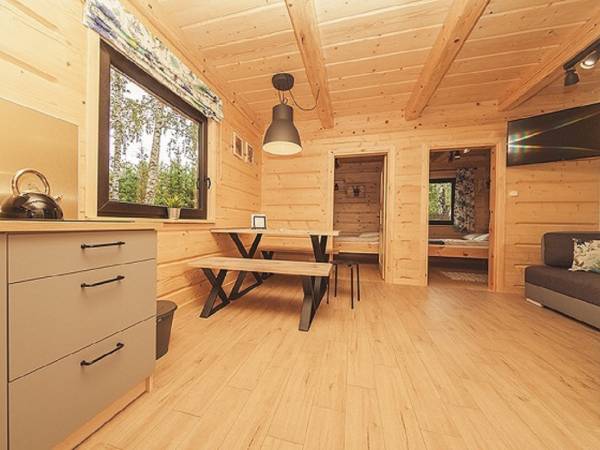 Salon z aneksem kuchennym i częścią jadalną