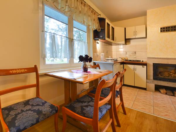 Pokój dzienny z aneksem kuchennym i kominkiem - Domek Niebieski (4) -