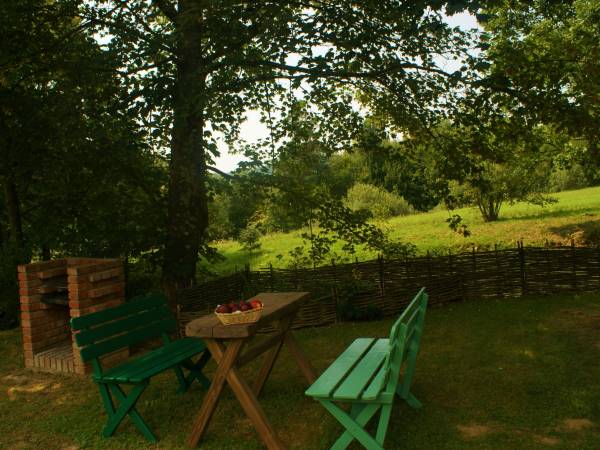 Przy każdym domku znajduje się grill oraz meble wypoczynkowe.