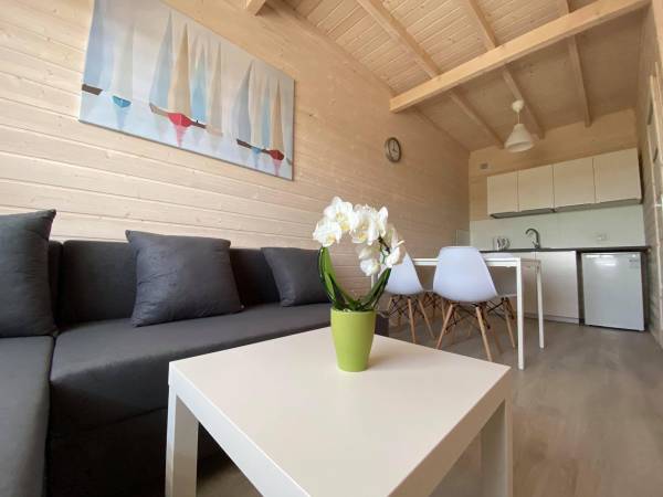 Salon z jadalnią i aneksem kuchennym znajdujący się na parterze domku.