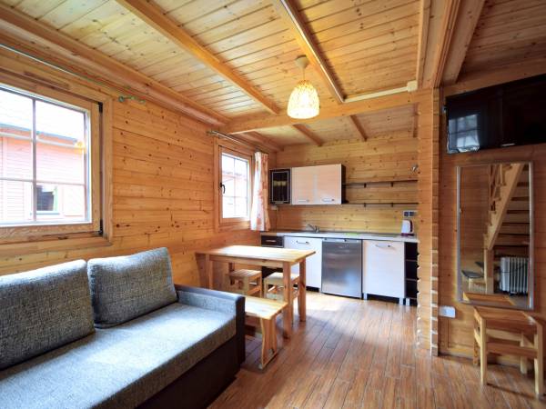 Salon z aneksem w domu z bala