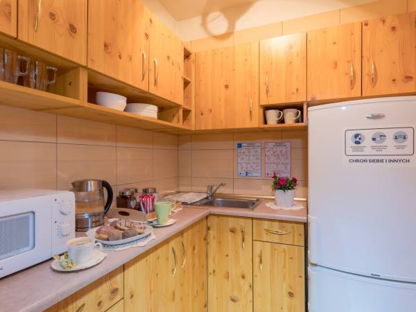 Aneks kuchenny (lodówka, czajnik, mikrofala, naczynia, sztućce)