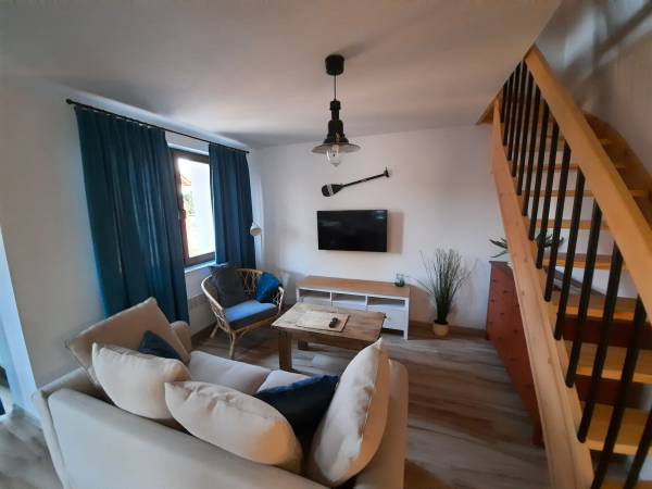 Salon z rozkładaną sofą.