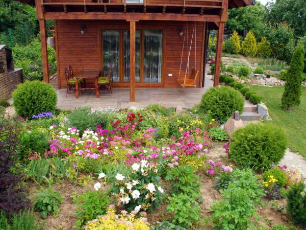 rabata z kwiatami przy domku