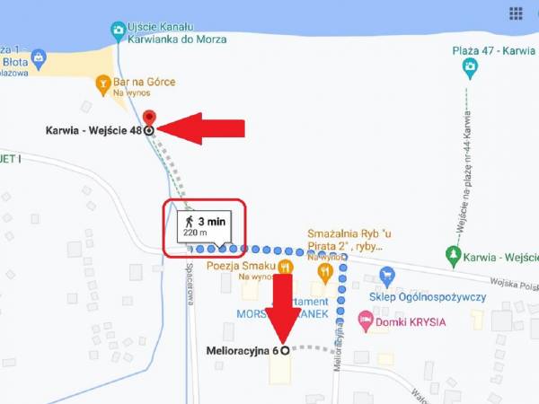 Apartament znajduje się 220 metrów od plaży - 3 minuty pieszo (mapa Googla)