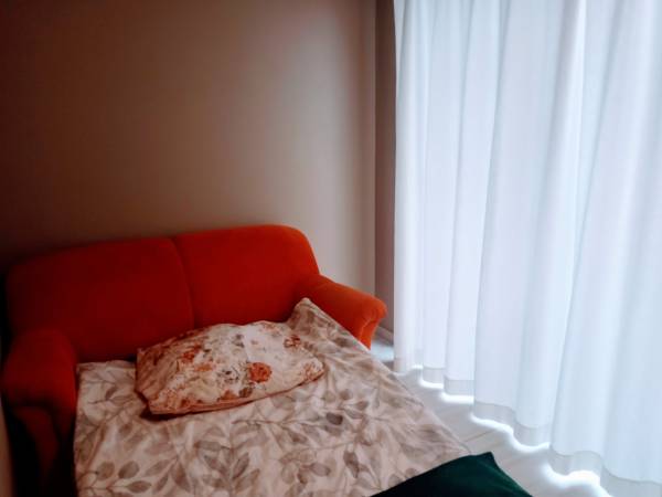 Rozkładana sofa w pokoju 3 os. z balkonem