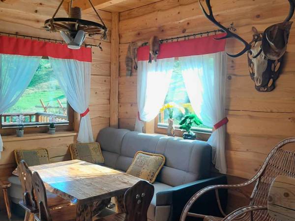 Salon wyposażony w kanapę z możliwością spania, stół z krzesłami oraz fotel bujany 