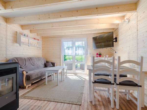 Salon z aneksem kuchenny w domku drewnianym