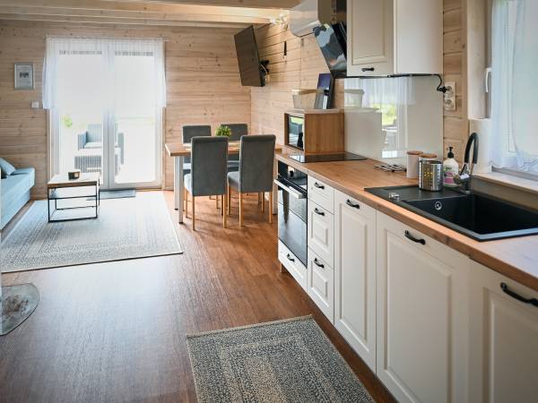 Salon z aneksem kuchennym w domku drewnianym