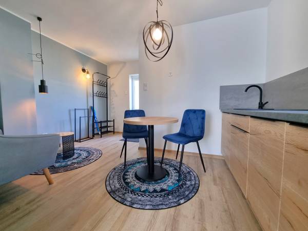 salonik w apartamencie z aneksem kuchennym w Apartamencie dla dwojga