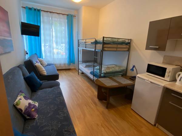 Pokoj 4-osob. z kuchnią i wyjściem na parterowy taras.