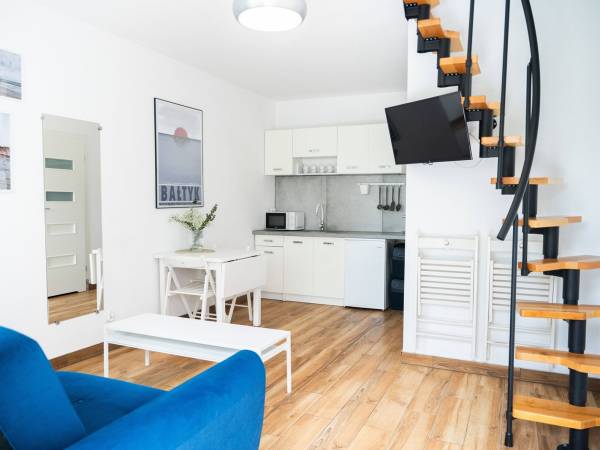 salon z TV i aneksem kuchennym w domkach Wierzbówka