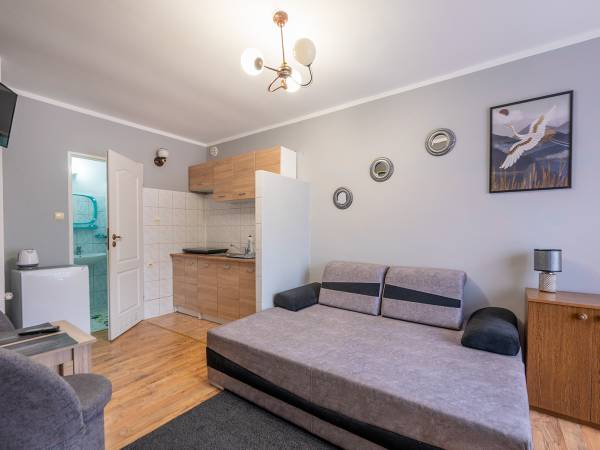 Pokój z aneksem kuchennym i balkonikiem