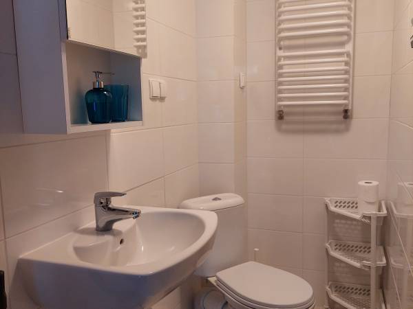 Łazienka pokoju na parterze z widokiem na ogródek