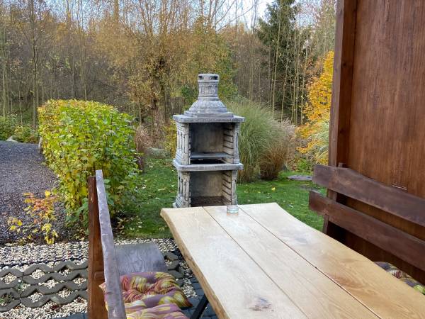 Taras z dużym stołem i kominkiem na grilla 