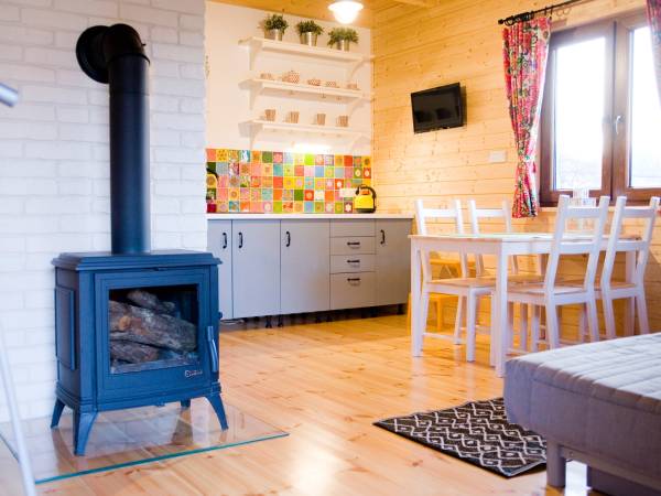 Salon z kominkiem i aneksem kuchennym 