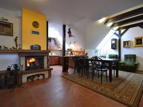 sala kominkowa z aneks.kuchennym