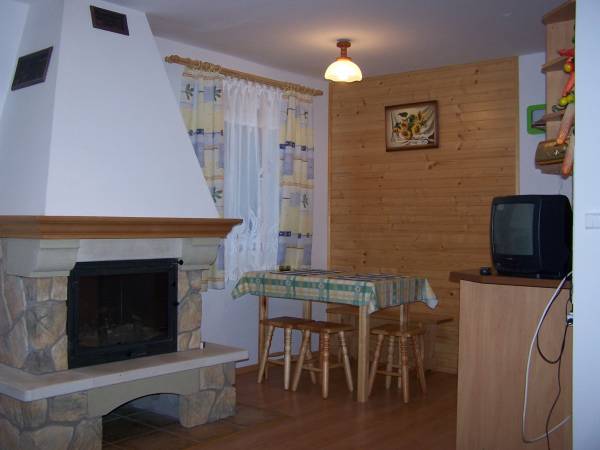 Pokój dzienny z kominkiem w domku