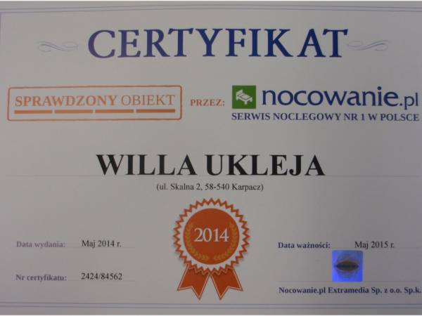 Certyfikat - SPRAWDZONY OBIEKT - Serwis Noclegowy nr 1 w Polsce