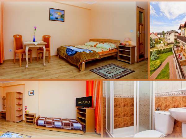 Pokój z łazienką, telewizorem.