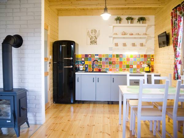 Salon z kominkiem wolnostojącym i aneksem kuchennym