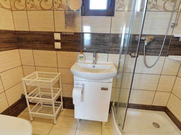 Łazienka w domku z komin.