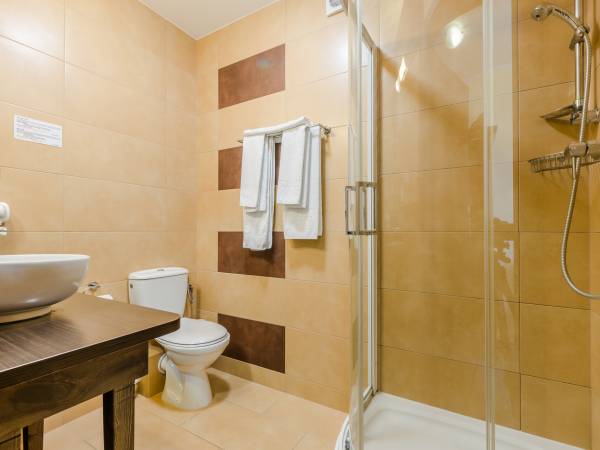 Koomfortowa łazienka z kabina prysznicową, wc, ręcznikami, kosmetykami na powitanie, suszarką